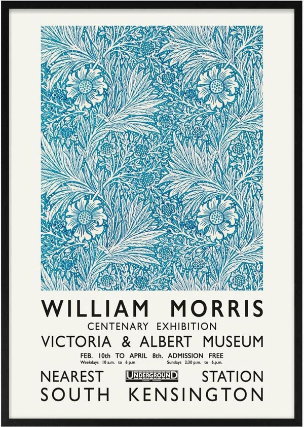 William Morris blue poster featuring floral pattern and exhibition details in vintage style.