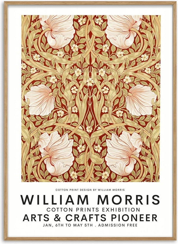 William Morris cotton print poster featuring intricate floral patterns in warm tones with exhibition details below.