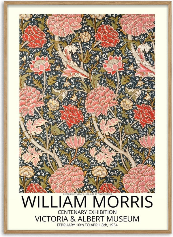 William Morris cotton print poster with floral and bird design, museum exhibition text at bottom.