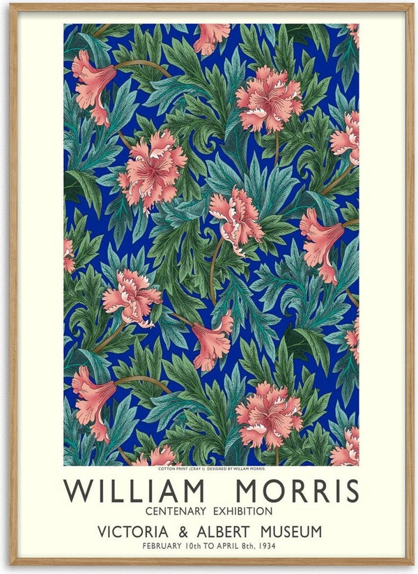 William Morris floral exhibition poster with pink flowers and green leaves on a blue background.