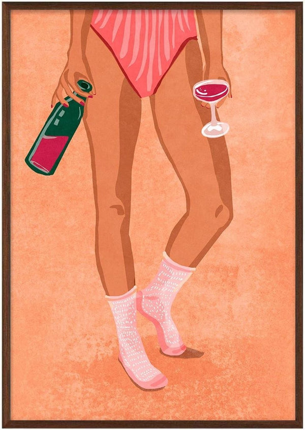 Illustration of a woman in pink socks holding wine bottle and glass, for Wine and socks - Raissa Oltmanns.
