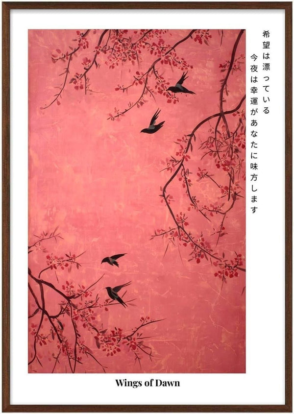 Artistic woodprint of swallows and blossoming branches on a pink background, titled Wings of Dawn.