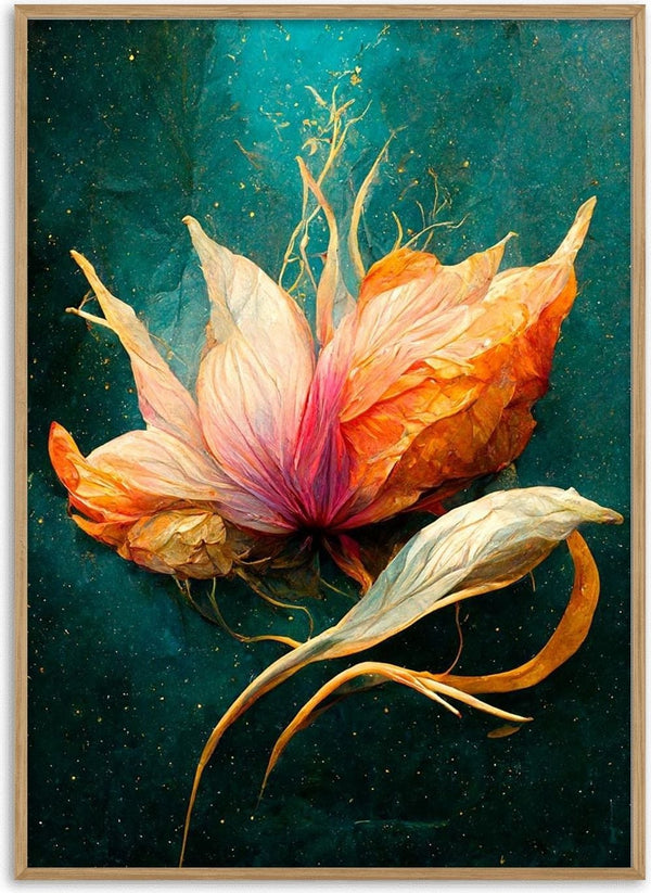 Abstract flower with orange, pink, and white petals on a teal background from Fantasi Blomst 1 by Winnie Møller.