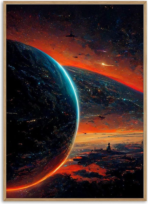 Colorful space scene with two glowing planets and vibrant orange-red cosmic clouds, inspired by Winnie Møller.