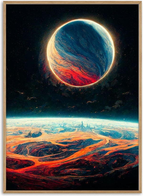 Colorful planet in space above a swirling, vivid landscape; cover art for Winnie Møller - Planeter i rummet.