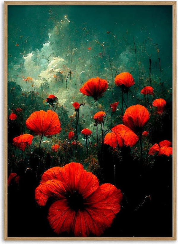 Vibrant red poppies bloom in a dreamy landscape, featured on the Winnie Møller - Valmue Mark product page.
