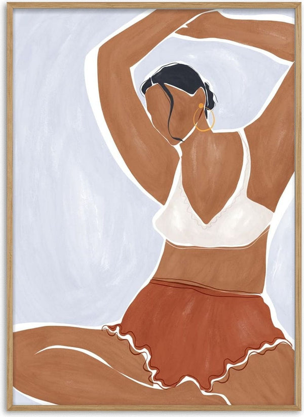 Abstract illustration of a woman doing yoga in an ivy green bikini on a light background.
