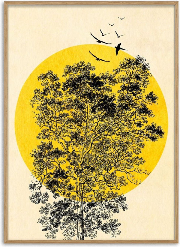 Poster of a large yellow sun behind a tree, with black birds flying overhead.