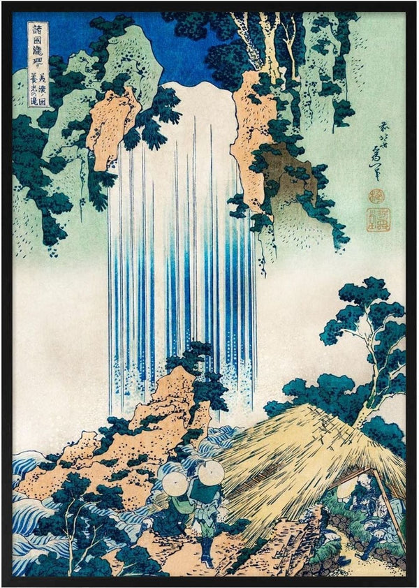 Yoro Waterfall by Katsushika Hokusai, featuring a tall cascade, lush greenery, and figures near a thatched hut.