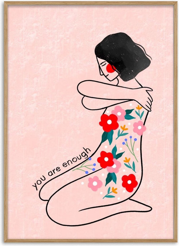 Minimalist illustration of a woman hugging herself with flowers on her body and the text "you are enough."