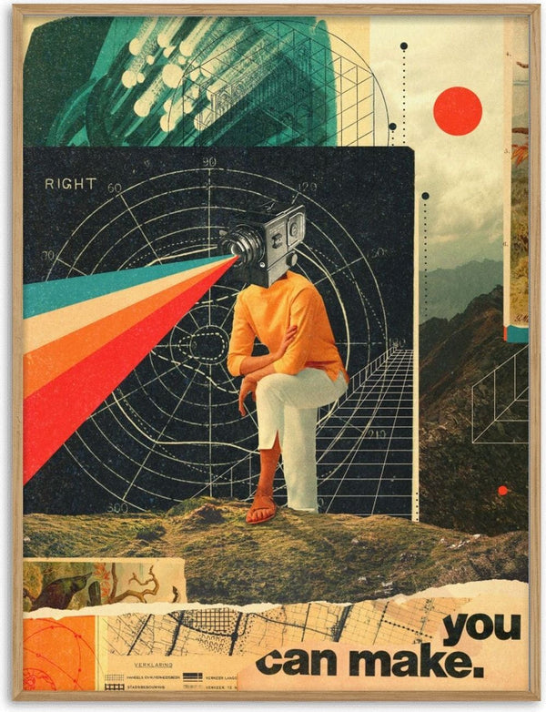 Surreal collage art with a person and vintage camera head, rainbow beams, geometric patterns; "You Can Make It Right" by Frank Moth.