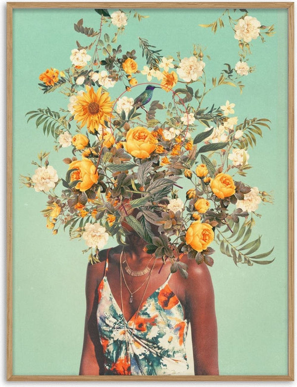 Surreal portrait of a woman with her head replaced by blooming yellow and white flowers on a teal background.