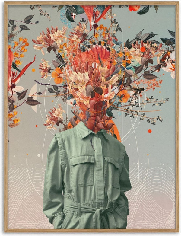 Surreal portrait of a person in a green shirt with their head replaced by an explosion of colorful flowers.