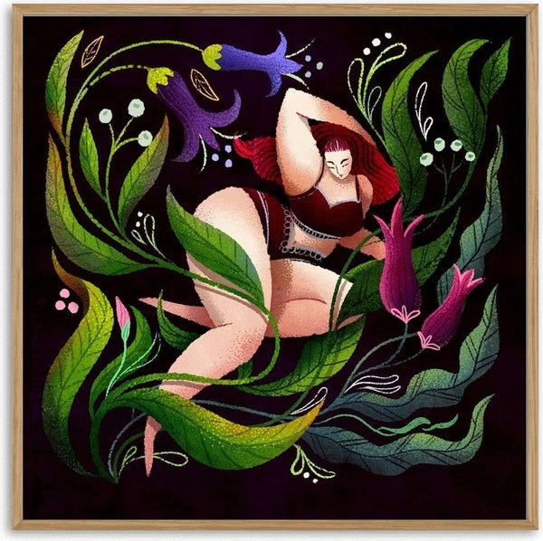 Your body is beautiful by Justyna - curvy woman relaxing among green leaves and bellflowers on black