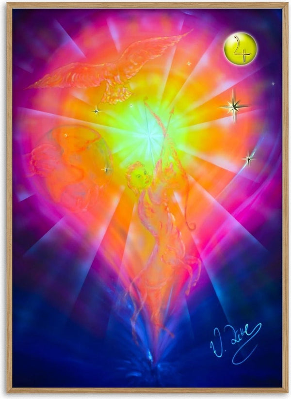 Zodiac Sign Sagittarius by Walter Zettl - winged figure in a burst of magenta and yellow light with a bird and stars