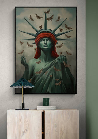 Artwork of the Statue of Liberty with a red blindfold and butterflies, displayed above a cabinet.