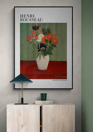 Framed Bouquet De Fleurs by Henri Rousseau, featuring vibrant flowers in a vase on a product page wall display.