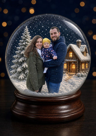 Snow Globe Portrait personalised poster – a family with their baby inside a glass snow globe with a pine tree and a glowing log cabin