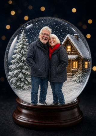 Snow Globe Portrait personalised poster – a smiling couple inside a snow globe on a dark wooden base, warm bokeh lights behind