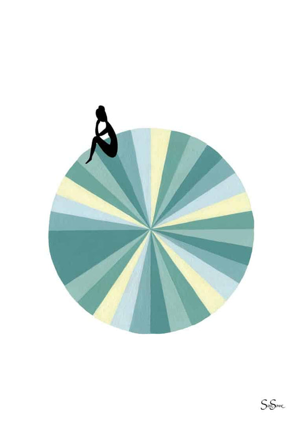 Minimalist blue Kunstposter showing a silhouette sitting atop a radial, pastel-colored circle.
