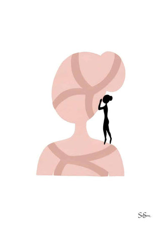Abstract art print of a faceless figure with lines and a small black silhouette by the ear, by Sara Sonne.
