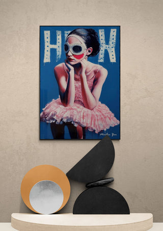 Framed HooK - Martin Zen artwork featuring a woman in a pink tutu and white mask against a blue background.