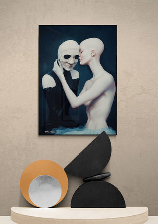 Art print of two abstract, bald figures embracing, displayed above modern decor for Lovers by Nature - Martin Zen.