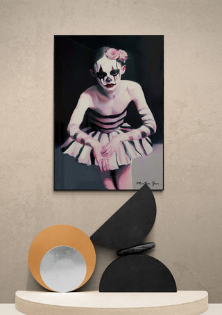 Framed "Miss Ballet" by Martin Zen featuring a ballerina in mime makeup, displayed above modern decor.