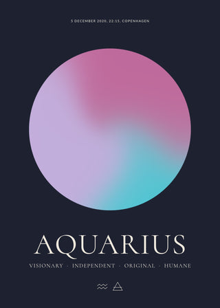 Aquarius zodiac aura poster – a glowing Aquarius aura with date, time and place, traits and the Aquarius symbol on a dark night background