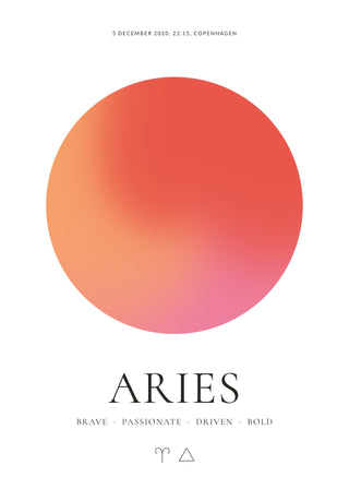 Aries zodiac aura poster – a glowing Aries aura with date, time and place, traits and the Aries symbol on a white background