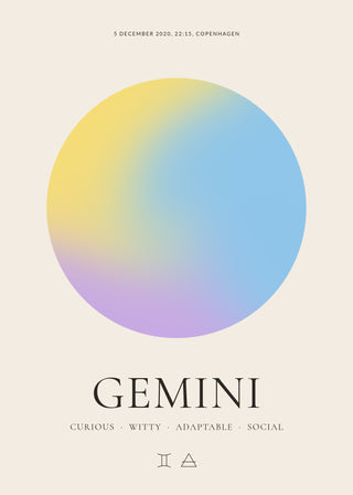 Gemini zodiac aura poster – a glowing Gemini aura with date, time and place, traits and the Gemini symbol on a cream background