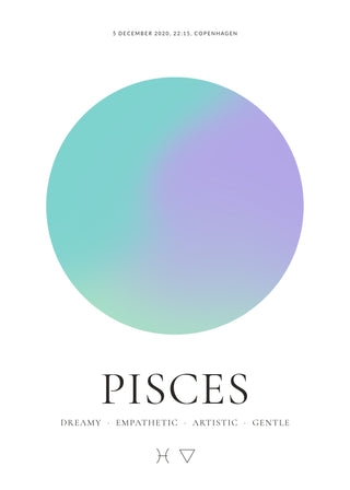 Pisces zodiac aura poster – a glowing Pisces aura with date, time and place, traits and the Pisces symbol on a white background